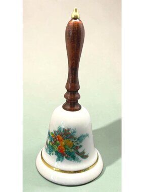 Avon Christmas Dinner Bell 1985 Fruit Floral Motif Porcelain with Wood Handle
